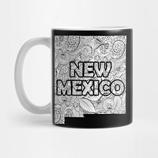 Mandala art map of New Mexico with text in white Mug